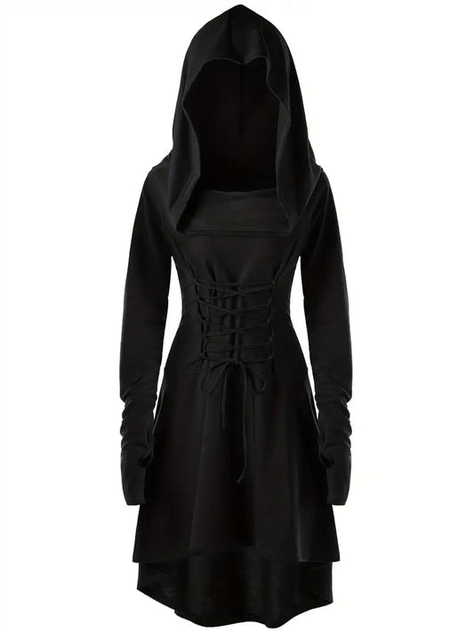 Robe Halloween Gothique à Lacets | Élégance Mystérieuse avec Capuche