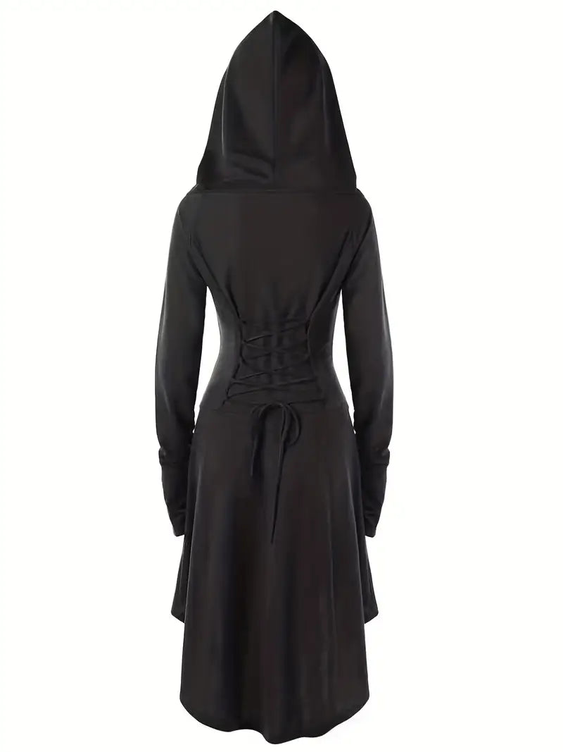 Robe Halloween Gothique à Lacets | Élégance Mystérieuse avec Capuche