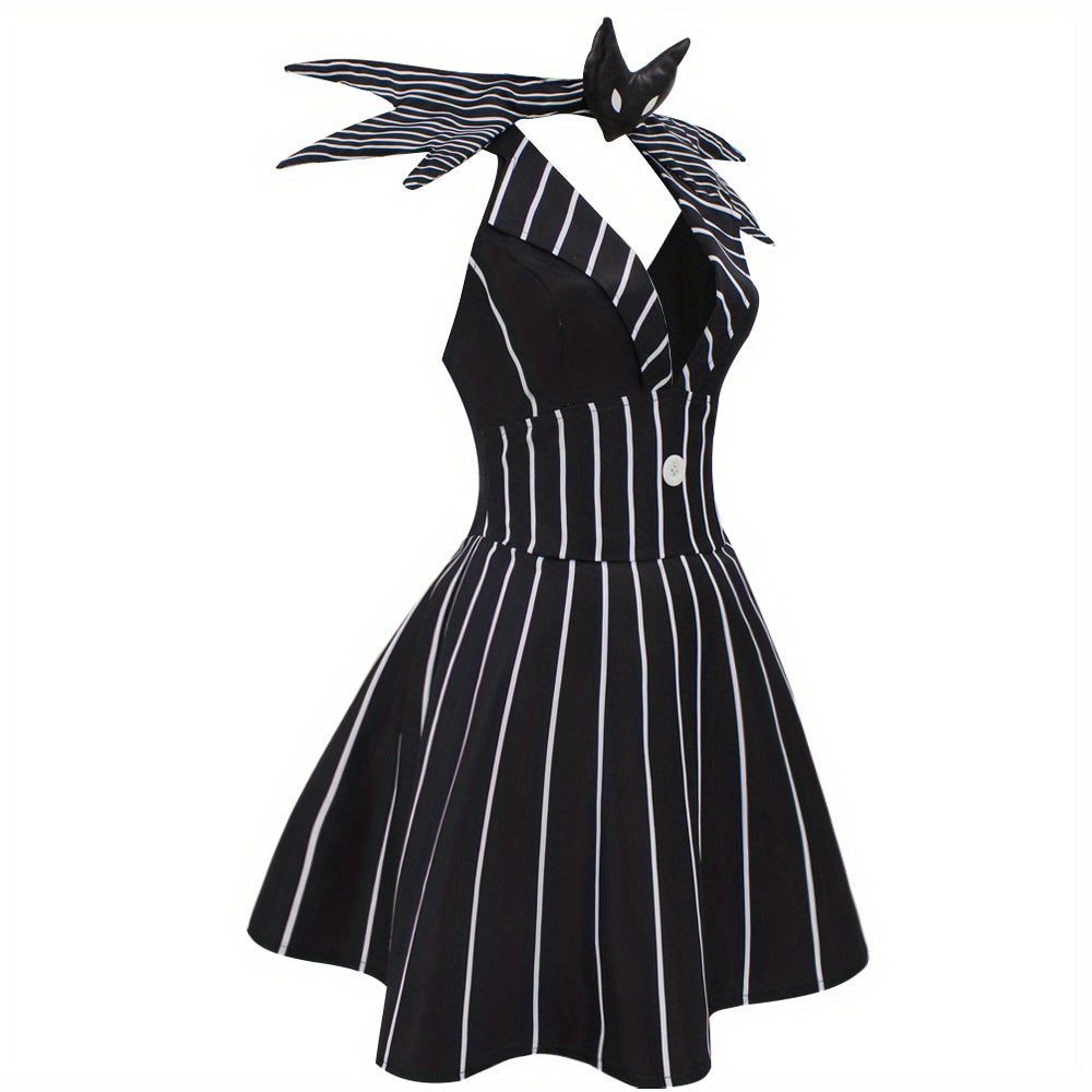 Robe de Costume Halloween Gothique | Look Unique avec Rayures et Accessoire