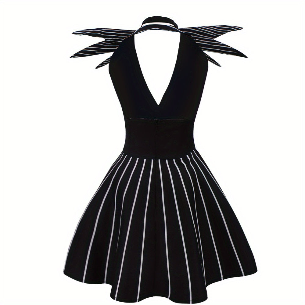Robe de Costume Halloween Gothique | Look Unique avec Rayures et Accessoire