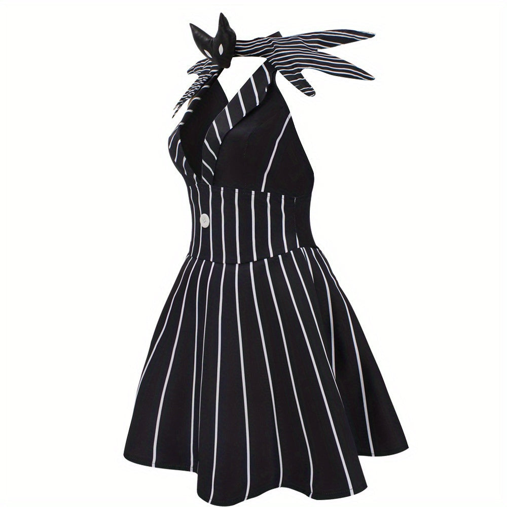 Robe de Costume Halloween Gothique | Look Unique avec Rayures et Accessoire