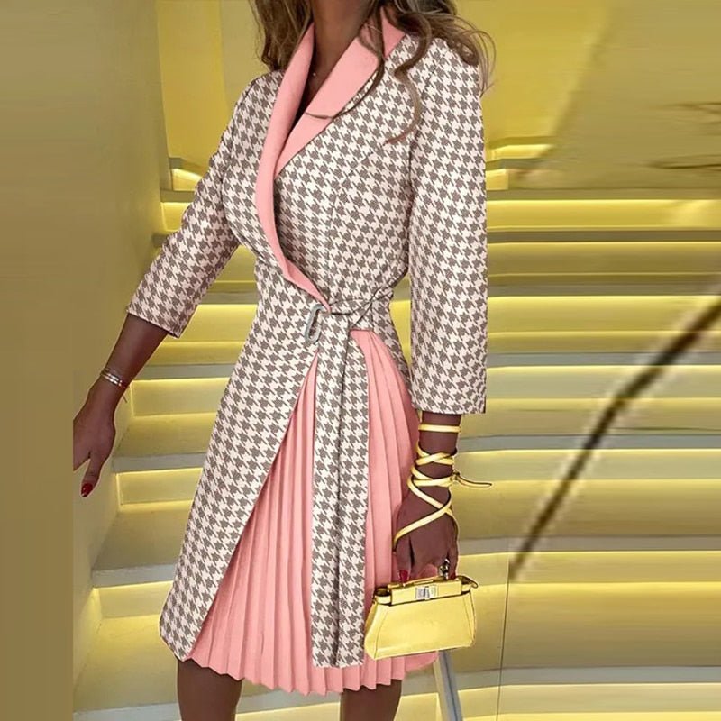 Robe Manteau Femme à Carreaux | Ceinture à Nouer et Jupe Plissée