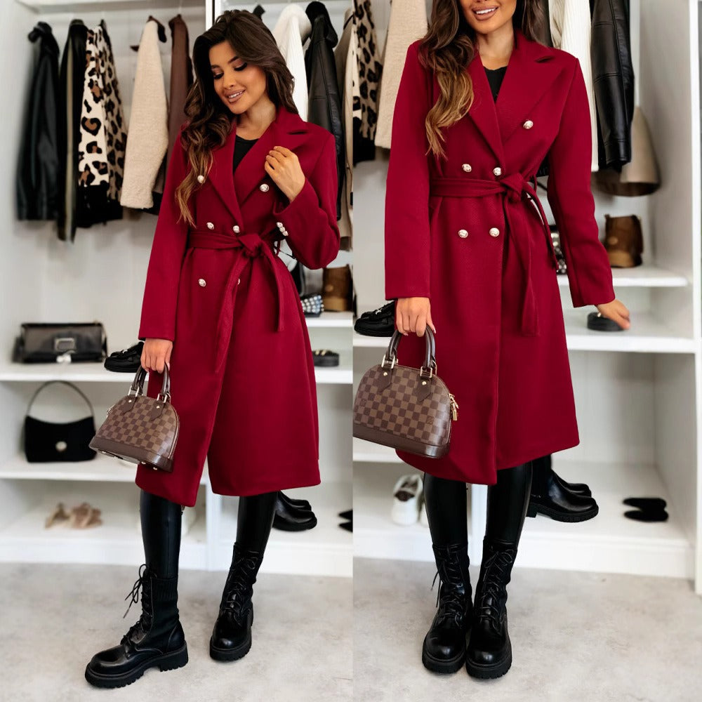 Manteau Long en Laine pour Femmes | Design Croisé et Taille Ceinturée