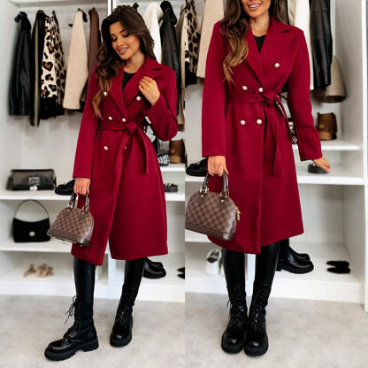 Manteau Long en Laine pour Femmes | Design Croisé et Taille Ceinturée