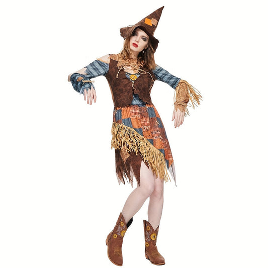 Robe de Scarecrow Halloween pour Femmes | Costume à Épaules Dégagées et Confortable