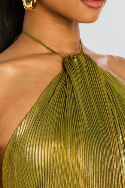 Robe de Soirée Satinée Femme | Col Halter et Jupe Plissée