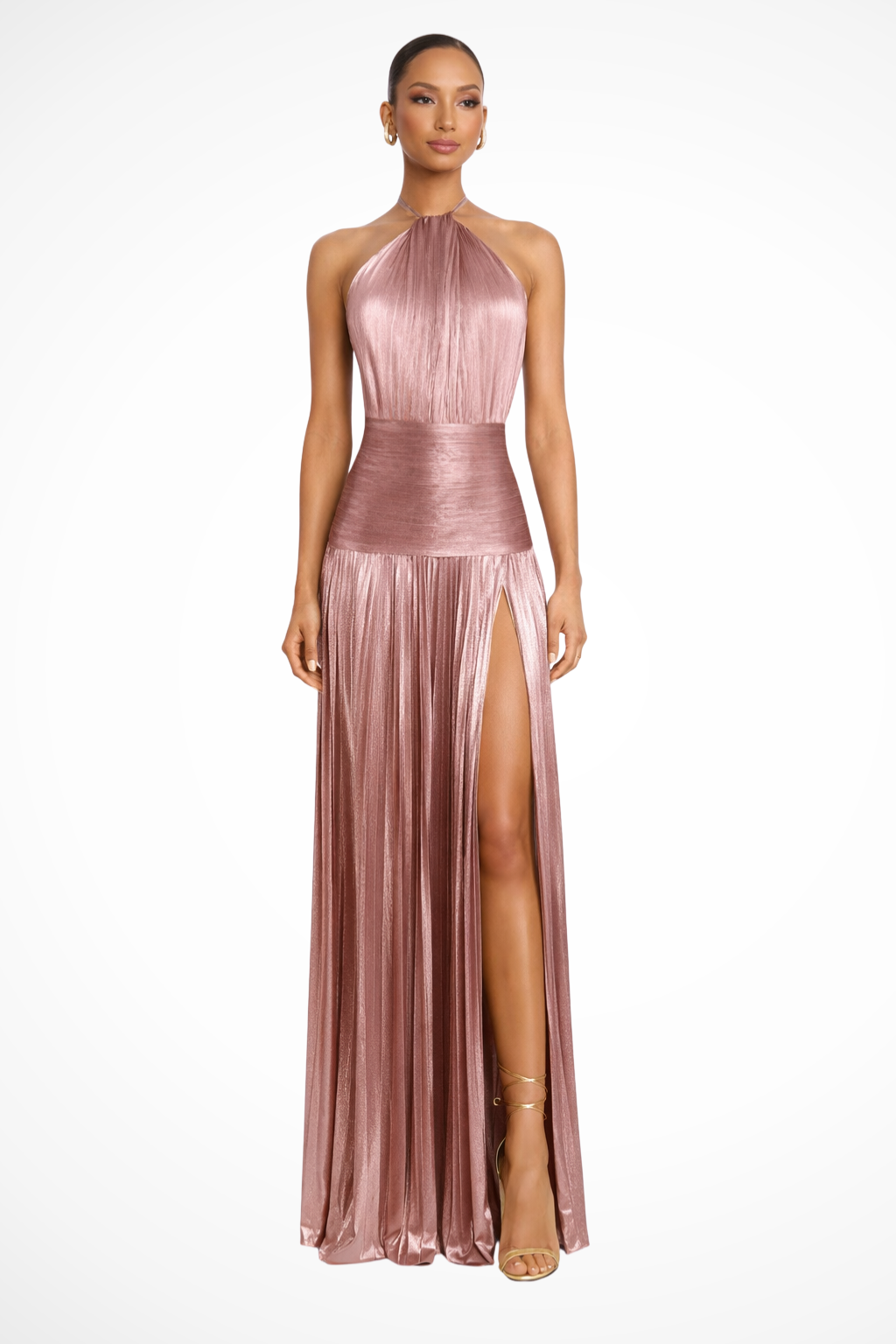 Robe de Soirée Satinée Femme | Col Halter et Jupe Plissée