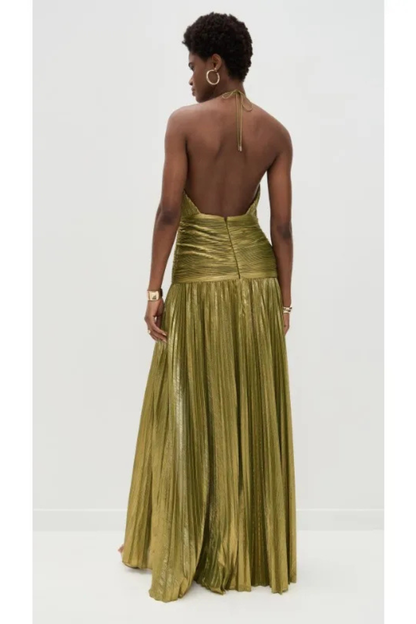 Robe de Soirée Satinée Femme | Col Halter et Jupe Plissée