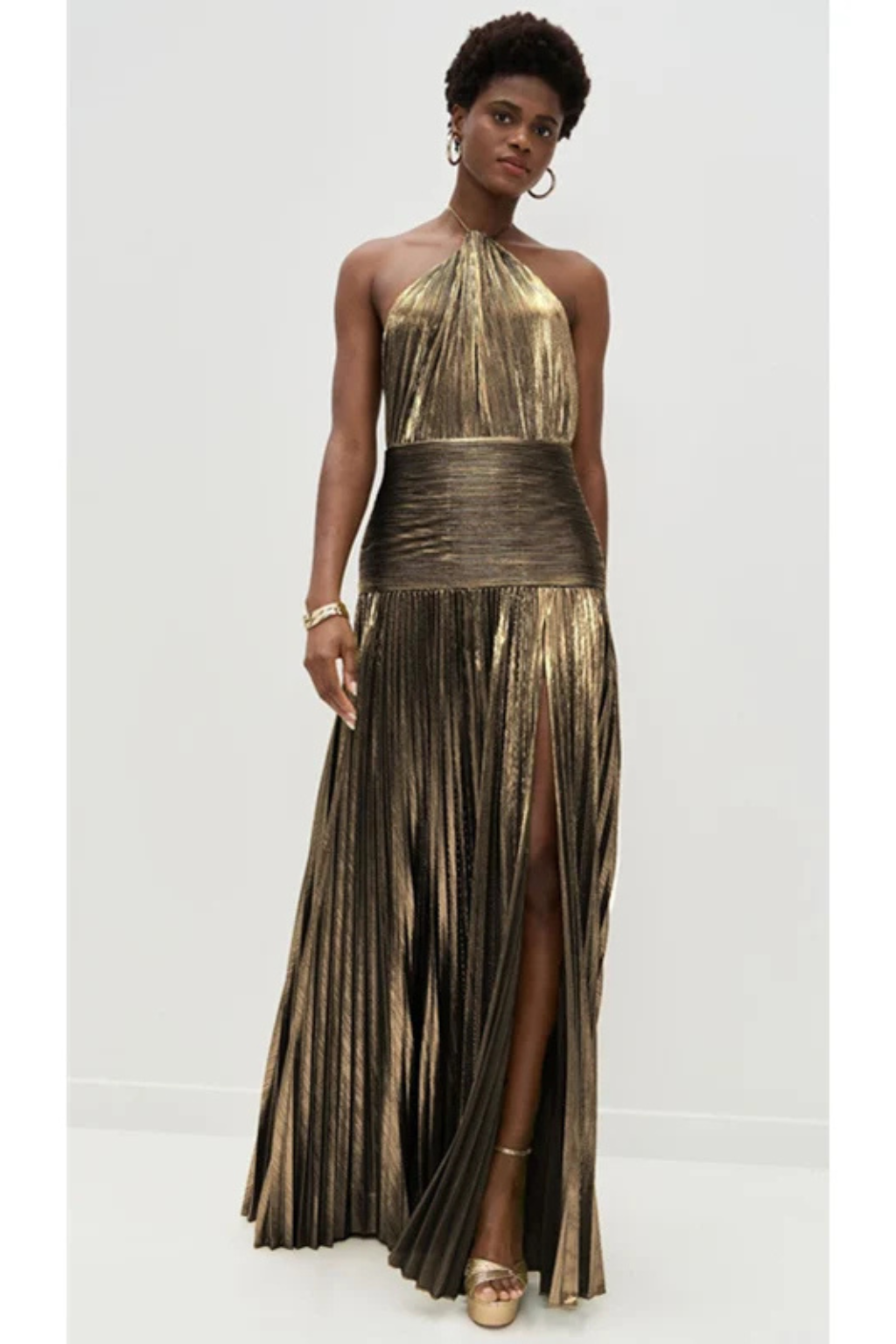 Robe de Soirée Satinée Femme | Col Halter et Jupe Plissée
