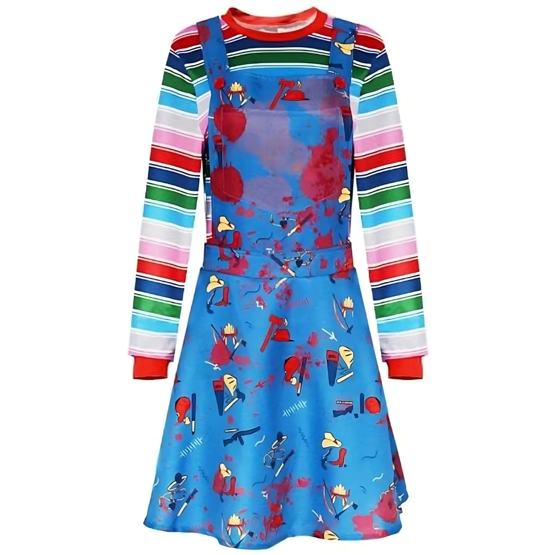 Robe de Costume Halloween Effrayante | Look de Poupée avec Manches Longues
