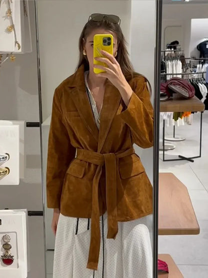 Manteau en Suède pour Femme | Chic avec Ceinture et Poches Fonctionnelles