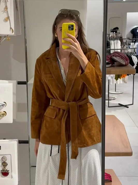 Manteau en Suède pour Femme | Chic avec Ceinture et Poches Fonctionnelles