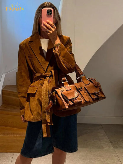 Manteau en Suède pour Femme | Chic avec Ceinture et Poches Fonctionnelles