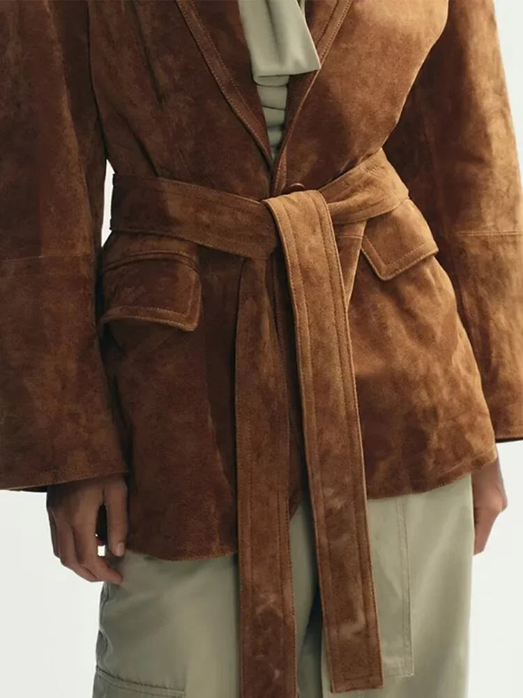 Manteau en Suède pour Femme | Chic avec Ceinture et Poches Fonctionnelles