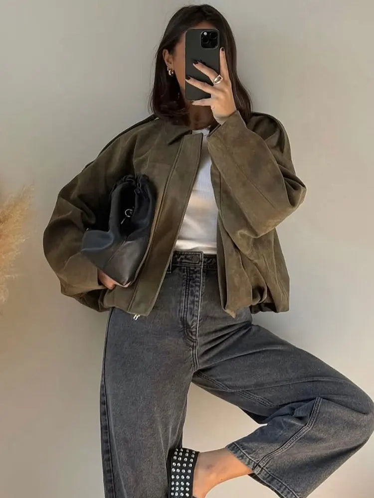 Veste Bomber en Suède pour Femme | Coupe Ample et Manches Longues