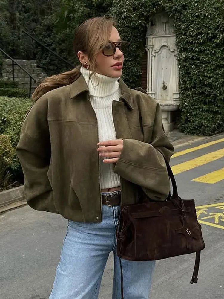 Veste Bomber en Suède pour Femme | Coupe Ample et Manches Longues