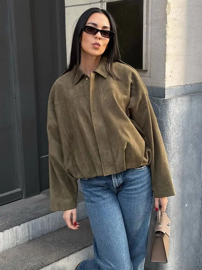 Veste Bomber en Suède pour Femme | Coupe Ample et Manches Longues