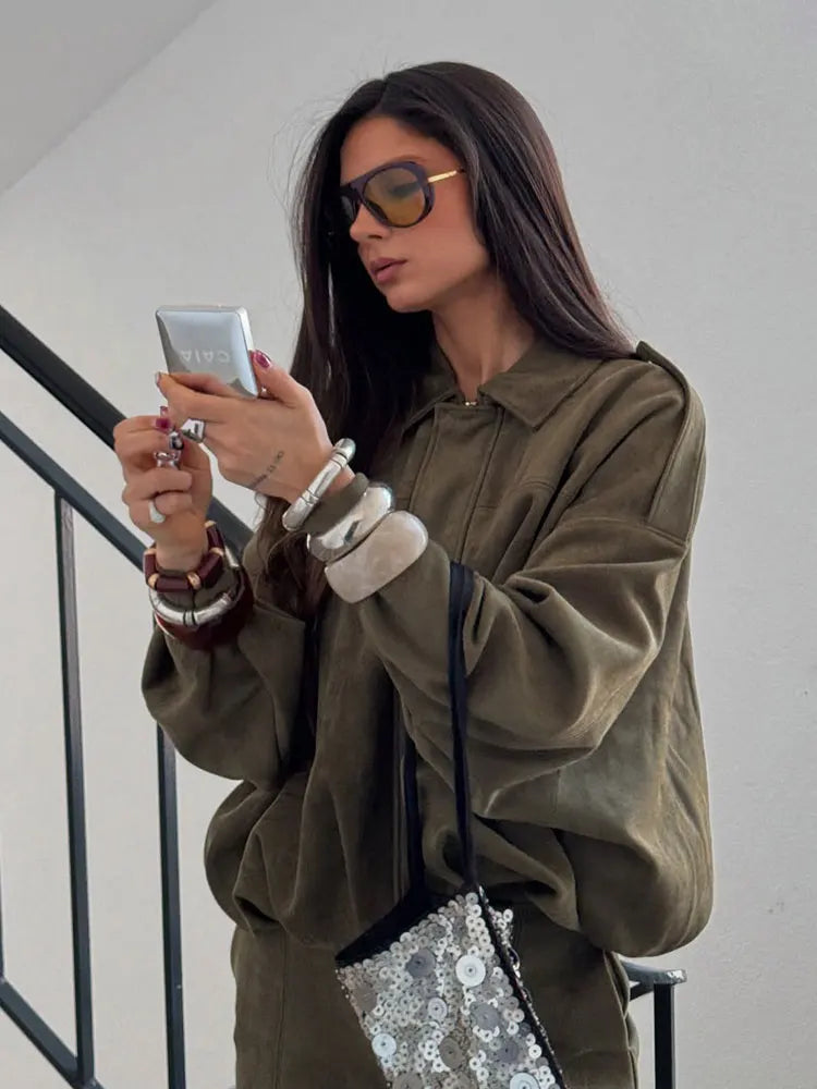 Veste Bomber en Suède pour Femme | Coupe Ample et Manches Longues