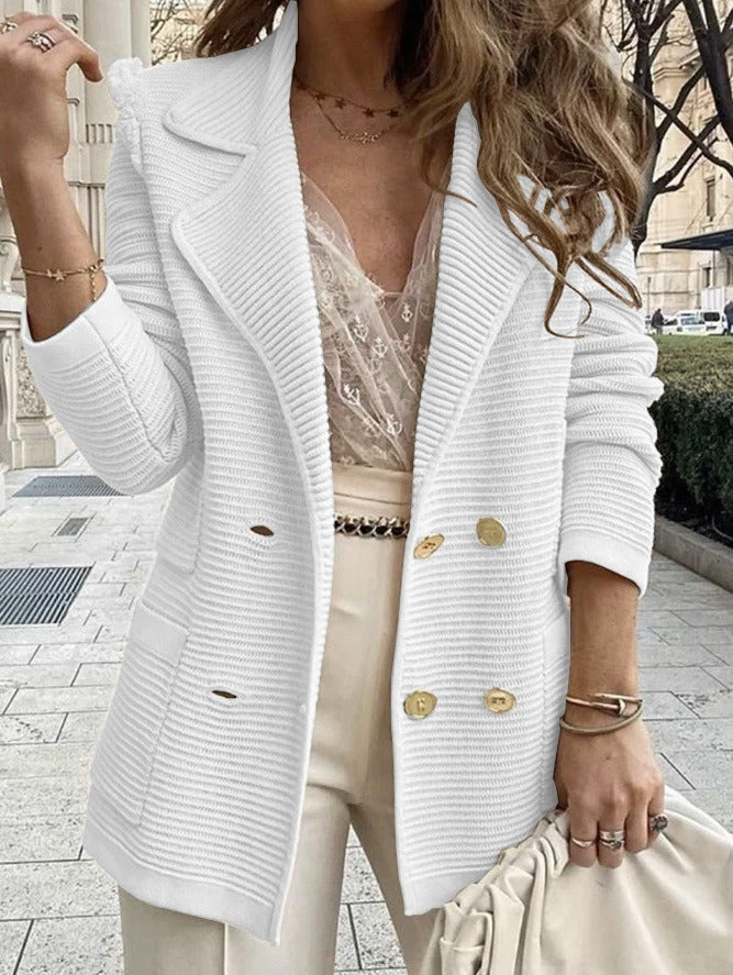 Veste Femme Élégante à Double Boutonnage | Texture Côtelée et Col Revers Sophistiqué
