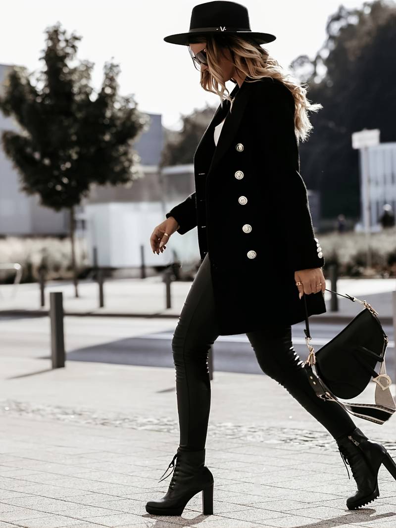 Manteau en Laine pour Femmes | Élégance avec Double Boutonnage et Boutons Dorés