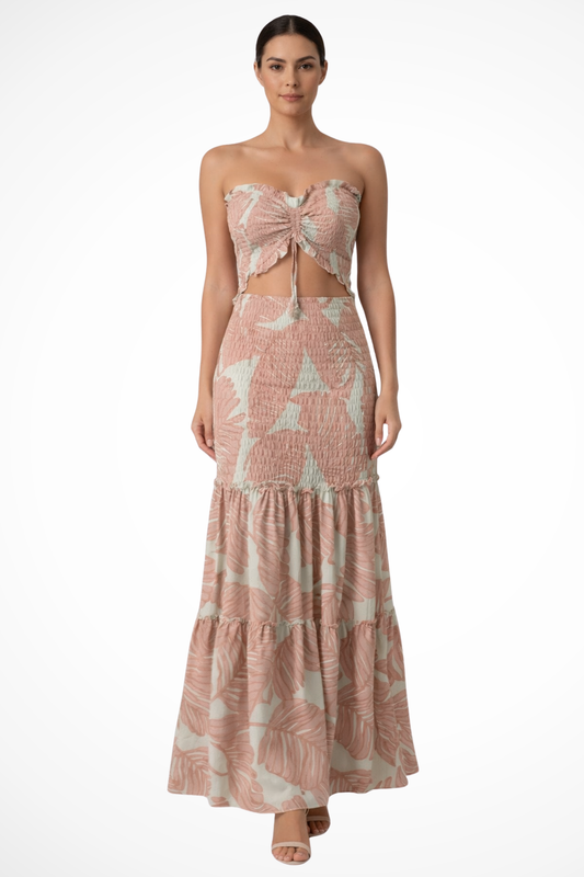Robe Longue Imprimée Tropicale | Élégante et Sans Bretelles