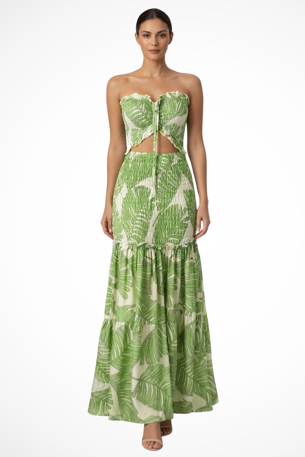 Robe Longue Imprimée Tropicale | Élégante et Sans Bretelles