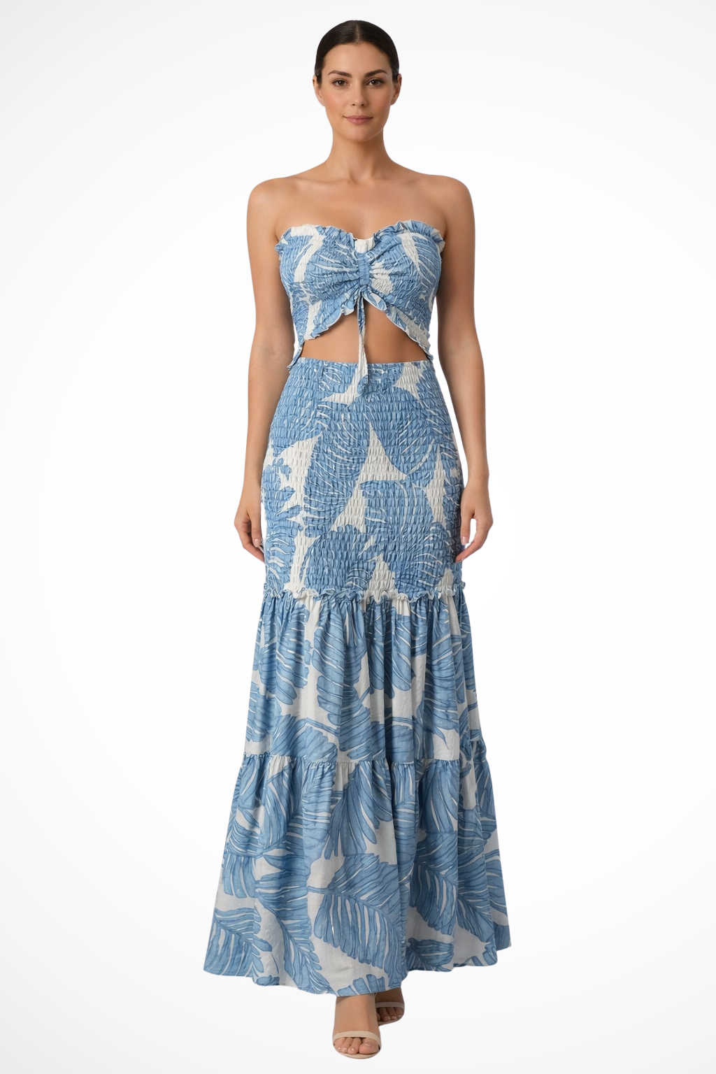 Robe Longue Imprimée Tropicale | Élégante et Sans Bretelles