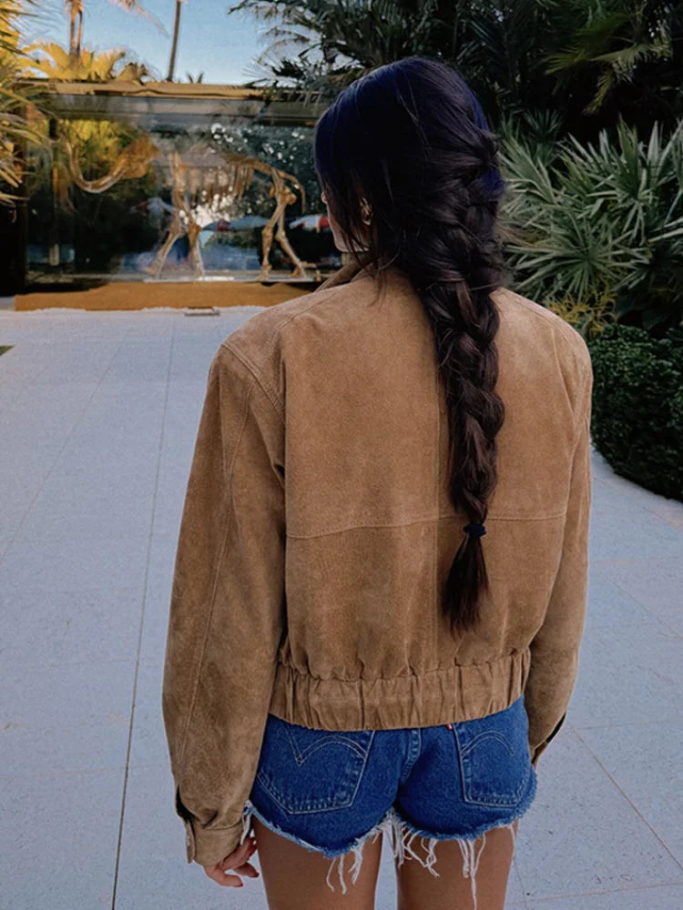 Veste en Daim Vintage pour Femmes | Poches Zippées et Coupe Décontractée