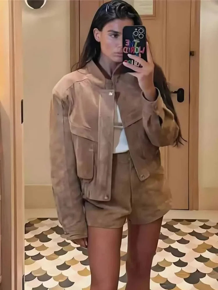 Veste en Daim Vintage pour Femmes | Poches Zippées et Coupe Décontractée