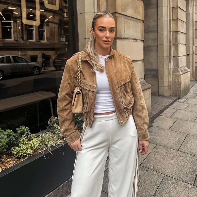 Veste en Daim Vintage pour Femmes | Poches Zippées et Coupe Décontractée