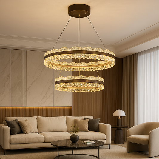 Lustre à 2 Niveaux en Cristaux | Éclairage Luxueux et Ambiance Cozy