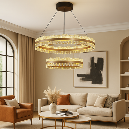 Lustre à 2 Niveaux en Cristaux | Éclairage Luxueux et Ambiance Cozy