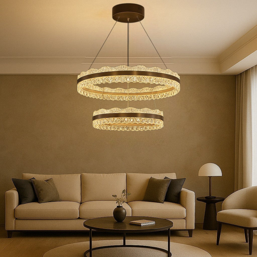 Lustre à 2 Niveaux en Cristaux | Éclairage Luxueux et Ambiance Cozy